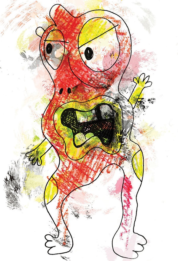 Bug blatter beast of traal Artist’s impression of the Ravenous Bugblatter Beast. Red pigmentation tests as the artist’s own blood. Sadly the artist didn’t survive the encounter but the subsequent value of his work has quadrupled.